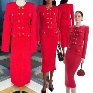 🆕 SELF-PORTRAIT 🧿 NWOT Red Knit Heart Buttoned Cardigan + Midi Skirt Set Sz L
